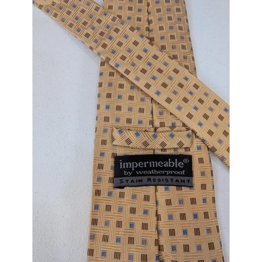 Impermeable Weatherproof Mens Tie Silk Hand Made Tan Blue‎ Brown Geometric 58" - Picture 2 of 3